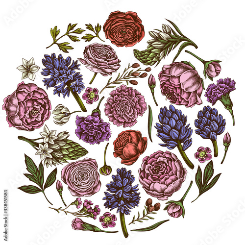 Round floral design with colored peony, carnation, ranunculus, wax flower, ornithogalum, hyacinth