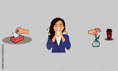 Paper tissue with box,used to cover the nose and mouth when coughing or sneezing.Disposable the contaminated tissue into a plastic bag.Put in a dangerous type trash.