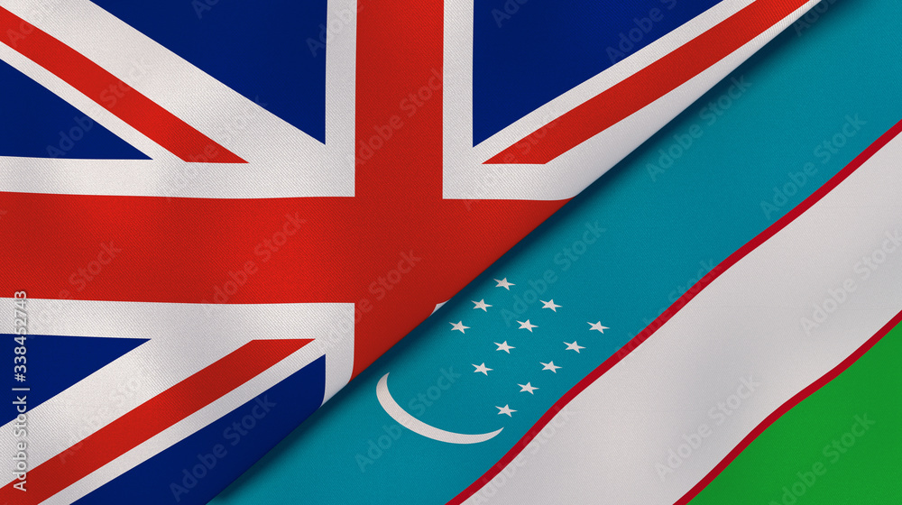 The flags of United Kingdom and Uzbekistan. News, reportage, business background. 3d illustration