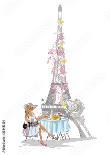 Paris lettering decorated with flowers and fashionable girls. Hand drawn vector illustration