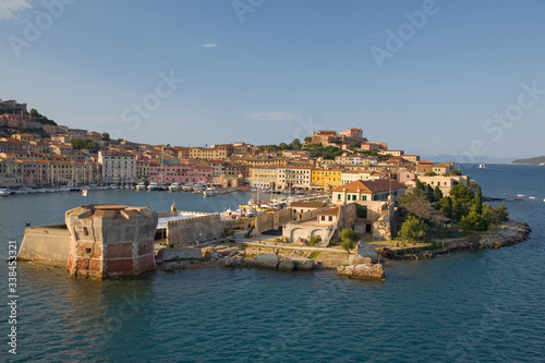 Water view of Portoferraio, Province of Livorno, on the island of Elba in the Tuscan Archipelago of Italy, Europe, where Napoleon Bonaparte was exiled in 1814