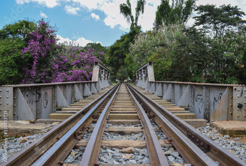 Beautiful railway over a iron bridge with purple flowers beside, located in Passa Quatro MG
