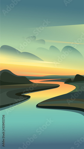 Landscape with river running among hills. Beautiful nature scenery.