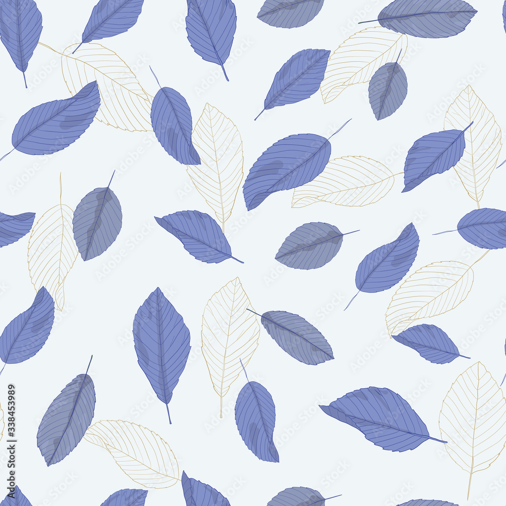 Seamless pattern with blue leaves on a light background. Leaf outline. Fabric swatch. Vector illustration with floral arrangement. Wrap, wallpaper swatches. Bluish outline. Toile Wallpaper.