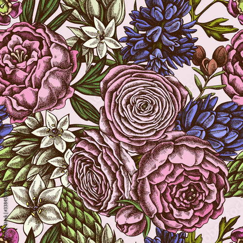 Seamless pattern with hand drawn colored peony, ranunculus, wax flower, ornithogalum, hyacinth
