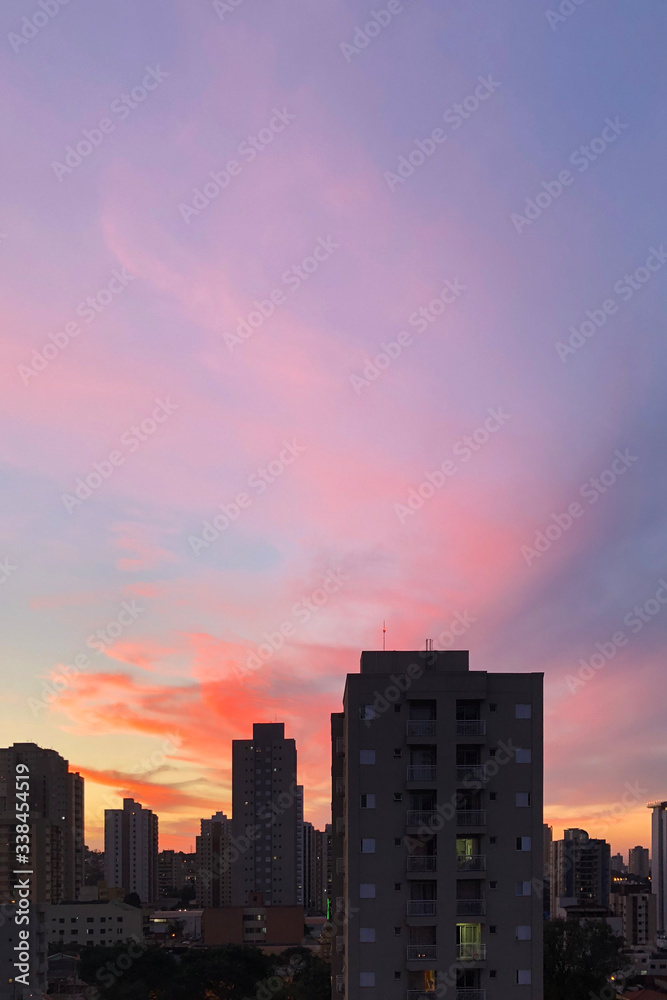 Purple and pink sky sunset on the city, interior, Ribeirao Preto, Sao Paulo