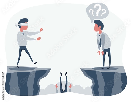 blindfolded businessman walk to the cliff. Business concept. Vector flat design illustration.
