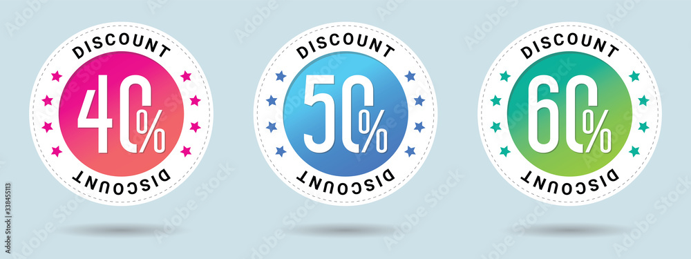 Discount offer price label. Sale vector badge template, 40, 50, 60 percent off sale label symbol, 40 off, 50 off, 60 off discount promotion. Set of 3 beautiful color gradients.