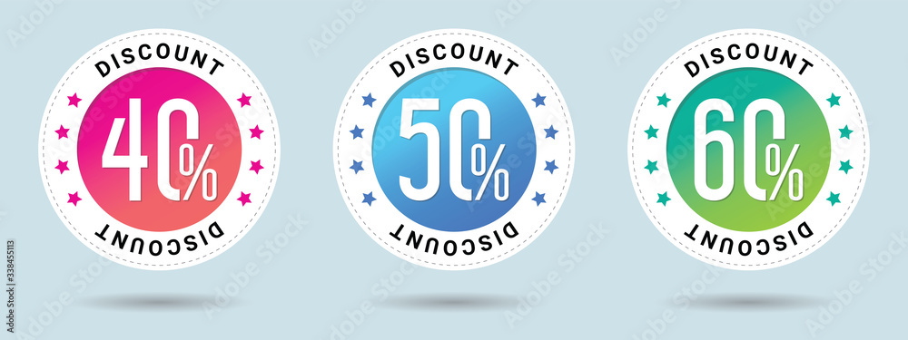 Discount offer price label. Sale vector badge template, 40, 50, 60 percent off sale label symbol, 40 off, 50 off, 60 off discount promotion. Set of 3 beautiful color gradients. Discount offer price label. Sale vector badge template, 40, 50, 60 percent off sale label symbol, 40 off, 50 off, 60 off discount promotion. Set of 3 beautiful color gradients.