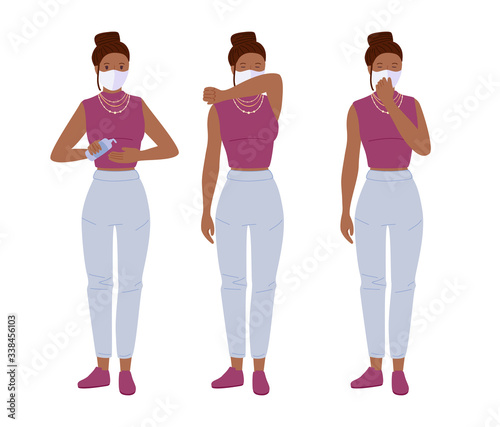Young sneezing masked girl student cartoon. Protection from coronavirus. Use an antiseptic Stop covid 19. Coronavirus prevention concept. Isolated on white vector illustration