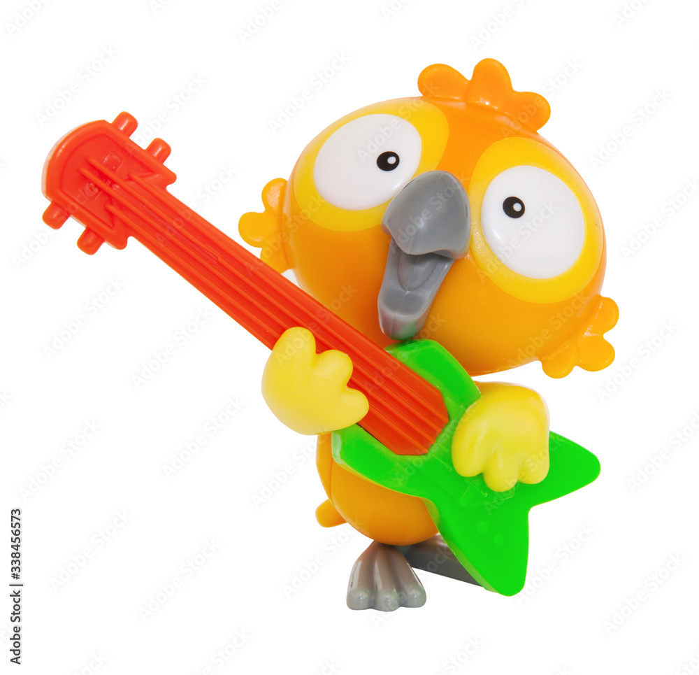 Parrot toy with guitar. Isolated on white background. With clipping ...