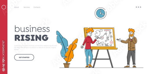 Agile Development Methodology Landing Page Template. Business People Characters Developing Project Using Agile Technology and Scrum Board. Businesspeople Strategic Planning. Linear Vector Illustration