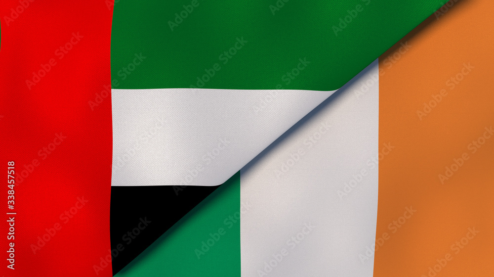 Obraz premium The flags of United Arab Emirates and Ireland. News, reportage, business background. 3d illustration