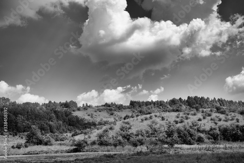 Obraz na płótnie Łąka. Widok na tle pochmurnego nieba b&w w salonie