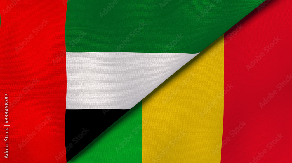 The flags of United Arab Emirates and Mali. News, reportage, business background. 3d illustration The flags of United Arab Emirates and Mali. News, reportage, business background. 3d illustration