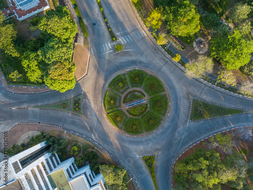 Top down aerial view of a traffic roundabout 