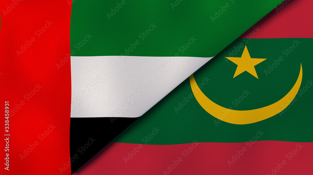 The flags of United Arab Emirates and Mauritania. News, reportage, business background. 3d illustration The flags of United Arab Emirates and Mauritania. News, reportage, business background. 3d illustration