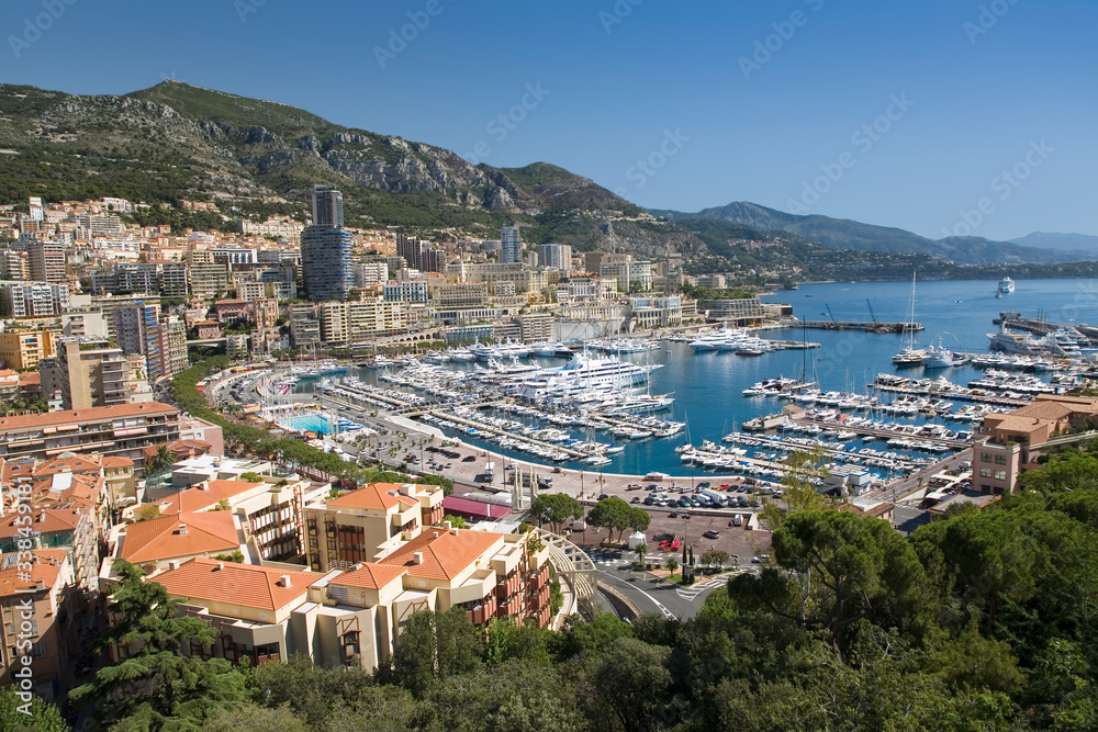 Elevated view of Monte-Carlo and harbor in the Principality of Monaco, Western Europe on the Mediterranean Sea