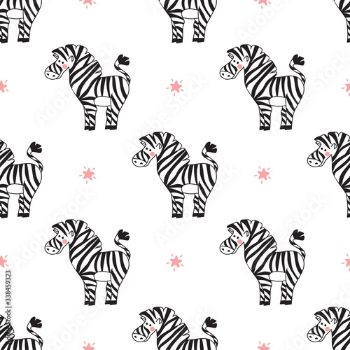 Animal Background for Kids. Vector Seamless Pattern with doodle Cute Zebras and Stars. Children s wallpaper. 
