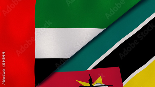 The flags of United Arab Emirates and Mozambique. News, reportage, business background. 3d illustration photo