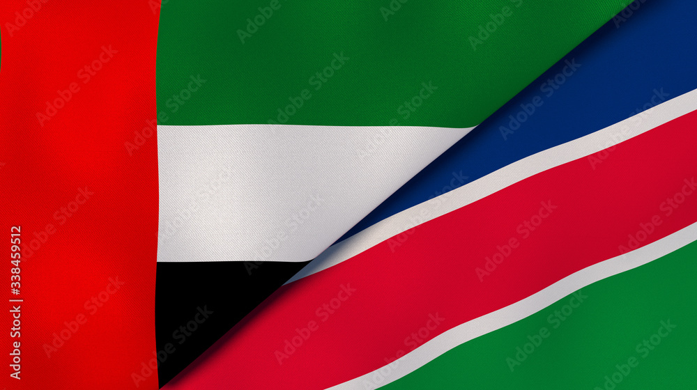 The flags of United Arab Emirates and Namibia. News, reportage, business background. 3d illustration The flags of United Arab Emirates and Namibia. News, reportage, business background. 3d illustration