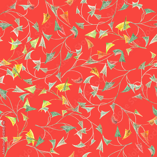 Colorful watercolor leaves on red background: bright seamless pattern, floral wallpaper design and textile print.