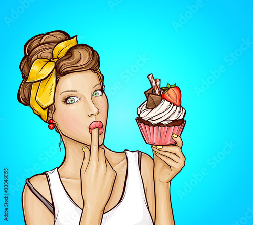 Vector pop art illustration of sexy girl licking sweet cupcake cream from her finger, isolated on blue background. Beauty woman holding tasty biscuit muffin with a strawberry, chocolate,waffle tubules