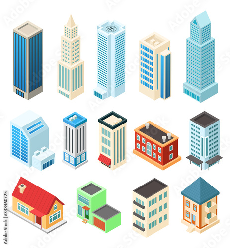 Isometric buildings set isolated on white  office skyscraper and residential house  vector illustration. Modern city architecture  set to build isometric metropolis. American downtown urban building