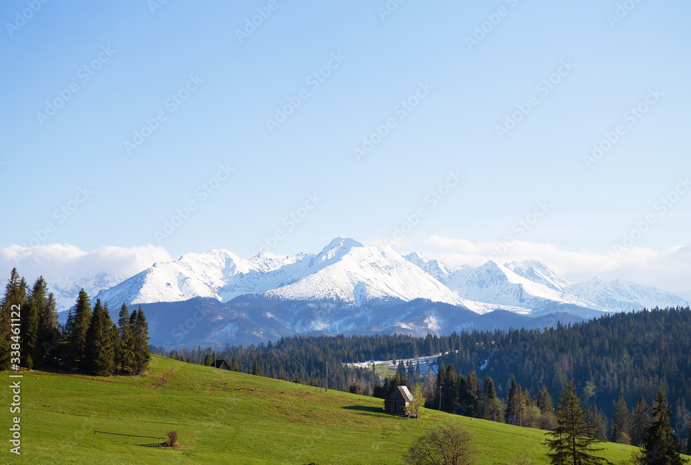 House in the mountains. Beautiful view of the mountain landscape, Tatra National Park, Poland. High Tatras, Carpathians