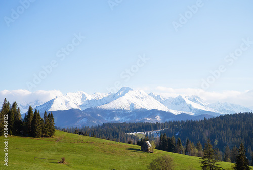 House in the mountains. Beautiful view of the mountain landscape, Tatra National Park, Poland. High Tatras, Carpathians