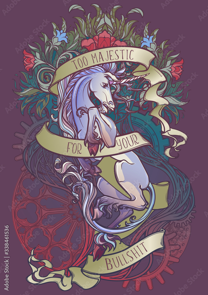 Obraz Colourfull and intricate drawing of hte legendary Unicorn on a decorative flames and plants ornament with a motivation motto. Vintage logo. EPS10 vector illustration