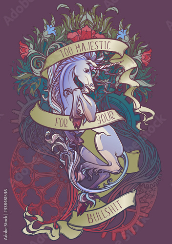 Colourfull and intricate drawing of hte legendary Unicorn on a decorative flames and plants ornament with a motivation motto. Vintage logo. EPS10 vector illustration