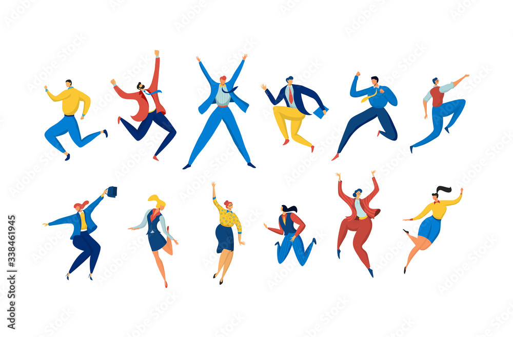 Jumping people in casual business suits, set of cartoon characters isolated on white, vector illustration. Successful men and women jump and dance, happy businessman career. Jumping businesswoman set Jumping people in casual business suits, set of cartoon characters isolated on white, vector illustration. Successful men and women jump and dance, happy businessman career. Jumping businesswoman set