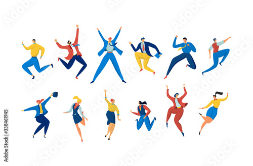 Jumping people in casual business suits, set of cartoon characters isolated on white, vector illustration. Successful men and women jump and dance, happy businessman career. Jumping businesswoman set