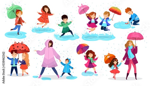 Kids in rain, happy children with umbrella, set of isolated cartoon characters, vector illustration. Cute boys and girls jumping in puddles, people having fun in rainy day. Children enjoy rain weather