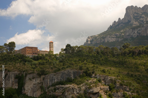 The jagged mountains in Catalonia  Spain  showing the Benedictine Abbey at Montserrat  Santa Maria de Montserrat  near Barcelona  where some feel the Holy Grail had been