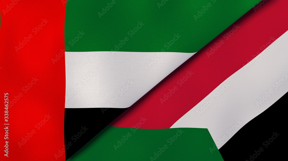 The flags of United Arab Emirates and Sudan. News, reportage, business background. 3d illustration The flags of United Arab Emirates and Sudan. News, reportage, business background. 3d illustration
