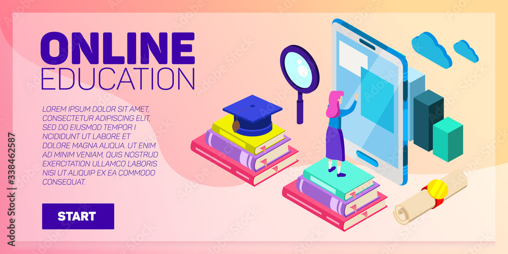 Isometric online education vector banner. E-learning. Imagination ad creativity. Isometric online education vector banner. E-learning. Imagination ad creativity.