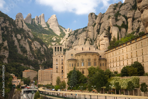 The jagged mountains in Catalonia, Spain, showing the Benedictine Abbey at Montserrat, Santa Maria de Montserrat, near Barcelona, where some feel the Holy Grail had been