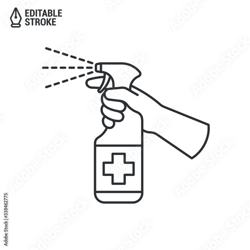 Disinfectant Spray Icon. Hand Hold Bottle With Sanitizer Isolated On White Background. Concept Of Antibacterial Sanitizer Spray. Outline Vector Icon With Editable Strokes