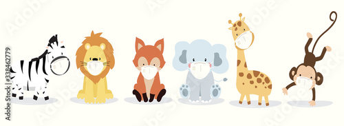 Cute animal object collection with lion,fox,zebra,tiger,elephant,monkey wear mask.Vector illustration for prevention the spread of bacteria,coronviruses