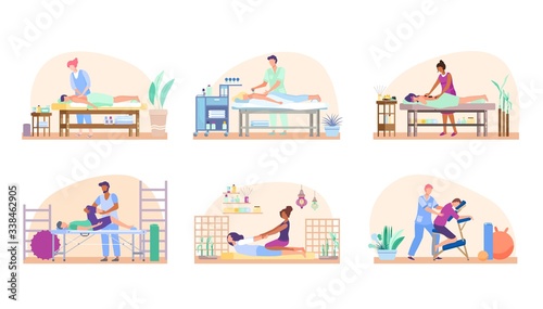 Massage people set, relaxing procedure in beauty salon or rehabilitation therapy, vector illustration. Professional masseur cartoon characters, healthcare treatment. Masseuse in wellness spa center