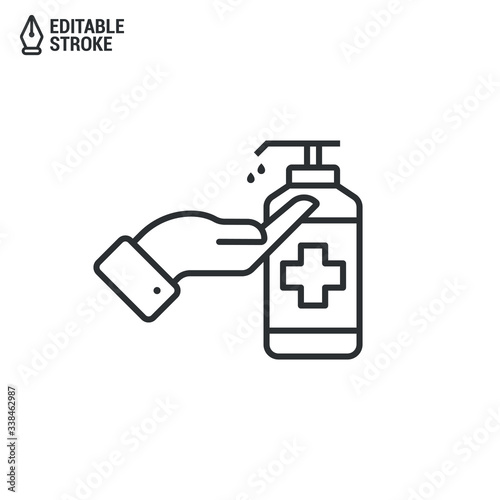 Icon Of Hand Disinfection Using A Sanitizer Gel. Bottle With Sanitizer Isolated On White Background. Concept Of Antibacterial Gel. Outline Vector Icon With Editable Strokes