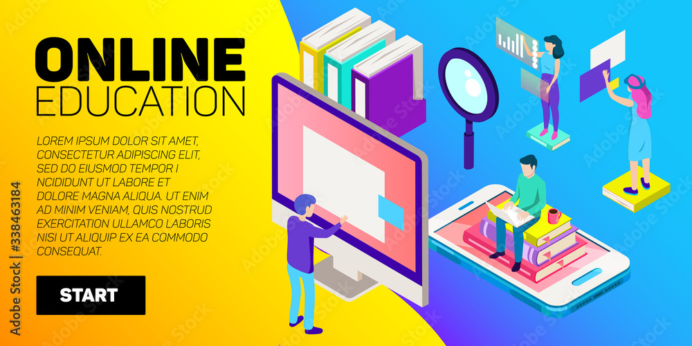 Isometric online education vector banner. E-learning. Imagination ad creativity. Isometric online education vector banner. E-learning. Imagination ad creativity.