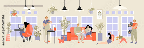Family spending time at home concept. Parents read a book and do fitness with their daughter. Mother working remotely and father preparing food.