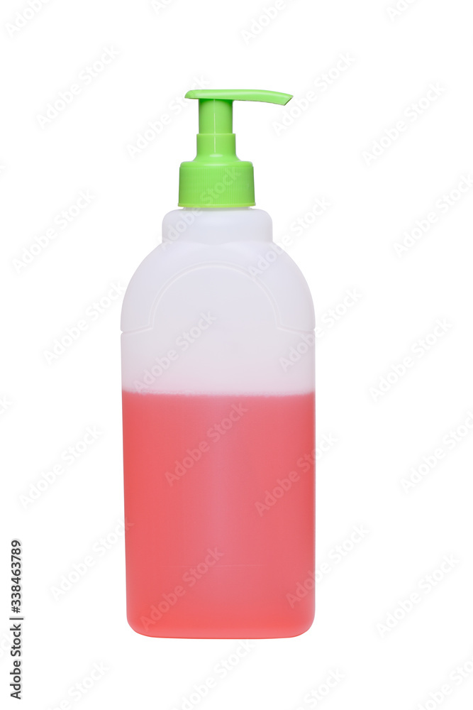 Liquid soap or dishwashing liquid pink in a plastic bottle. Sanitizer. Isolated on a white background Liquid soap or dishwashing liquid pink in a plastic bottle. Sanitizer. Isolated on a white background