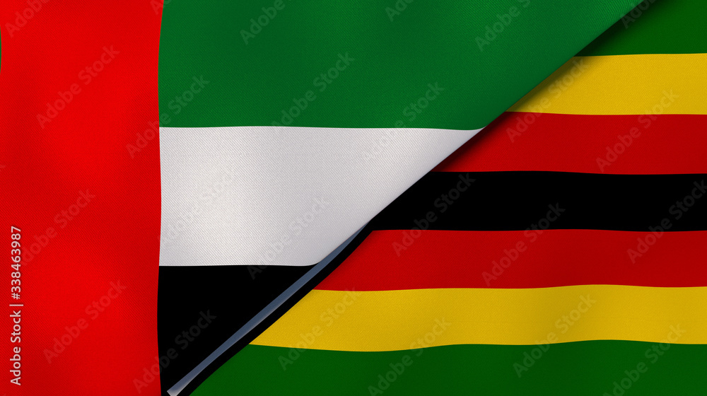 The flags of United Arab Emirates and Zimbabwe. News, reportage, business background. 3d illustration The flags of United Arab Emirates and Zimbabwe. News, reportage, business background. 3d illustration