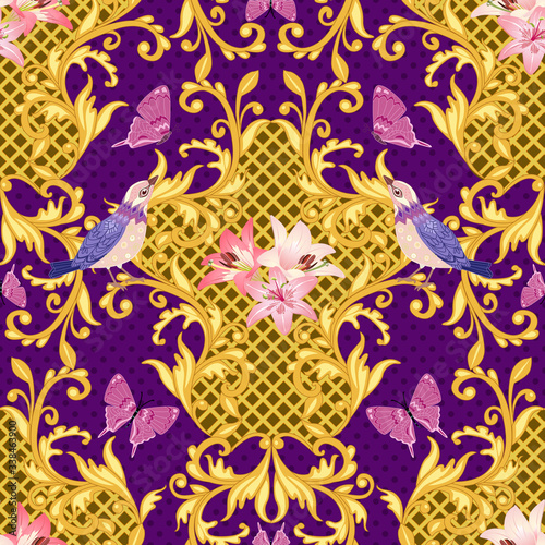 seamless texture with golden floral baroque ornament, pink lilie