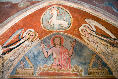 Ancient fresco image of Jesus in meditation Easter prayer position at Museum at Solsona, Cataluna, Spain, Museu Diocesˆ i Comarcal containing Romanesque paintings and local archeological finds photo