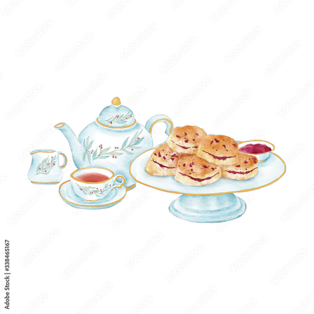 Watercolor illustration of British afternoon tea with scone Stock